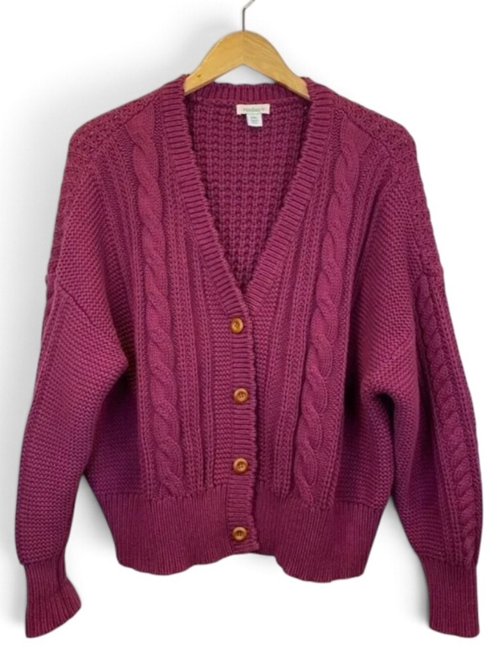 Sundance Avalee Cable Knit Cardigan Sweater Size L Magenta V-Neck EUC